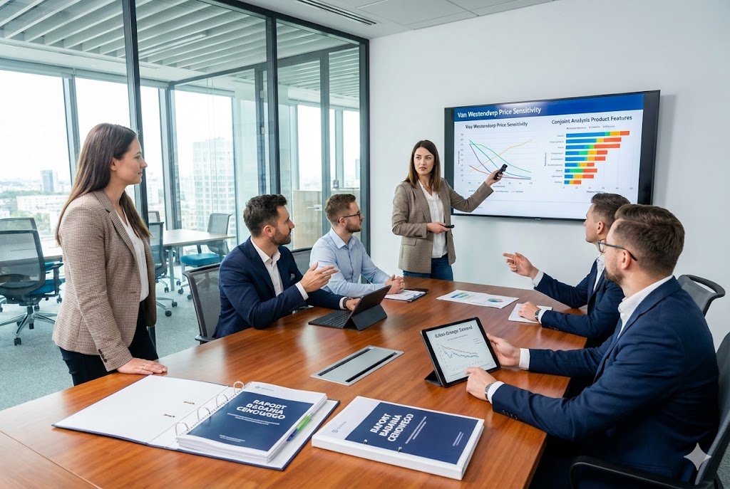 Zespół analizuje badania cenowe podczas spotkania w biurze | Openfield