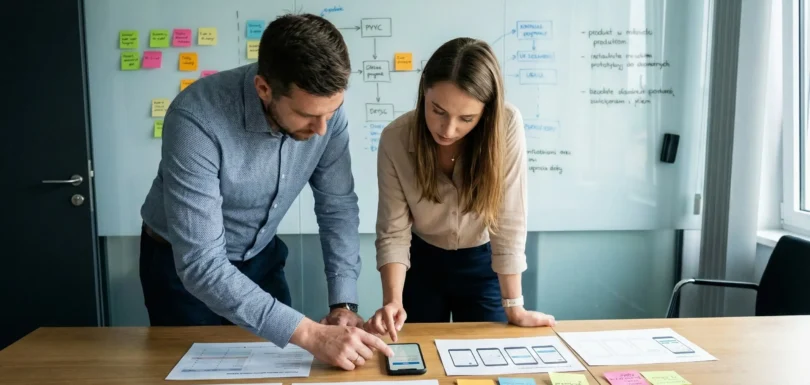 Dwoje specjalistów w nowoczesnym biurze analizuje prototyp aplikacji na smartfonie oraz dane badawcze na stole. W tle tablica z napisem 'PRODUKT O MINIMALNEJ KONIECZNEJ FUNKCJONALNOŚCI', ilustrująca pracę nad koncepcją Minimal Viable Product (MVP).