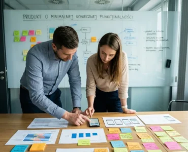 Dwoje specjalistów w nowoczesnym biurze analizuje prototyp aplikacji na smartfonie oraz dane badawcze na stole. W tle tablica z napisem 'PRODUKT O MINIMALNEJ KONIECZNEJ FUNKCJONALNOŚCI', ilustrująca pracę nad koncepcją Minimal Viable Product (MVP).