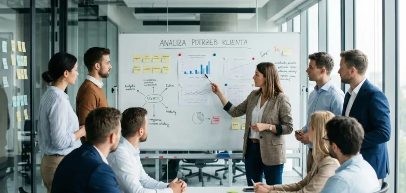 Analiza potrzeb klienta - co to jest i jak skutecznie przeprowadzić? 6 Spotkanie biznesowe w nowoczesnym biurze przy tablicy z napisem Analiza Potrzeb Klienta