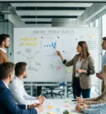 Spotkanie biznesowe w nowoczesnym biurze przy tablicy z napisem Analiza Potrzeb Klienta