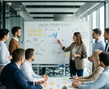 Spotkanie biznesowe w nowoczesnym biurze przy tablicy z napisem Analiza Potrzeb Klienta