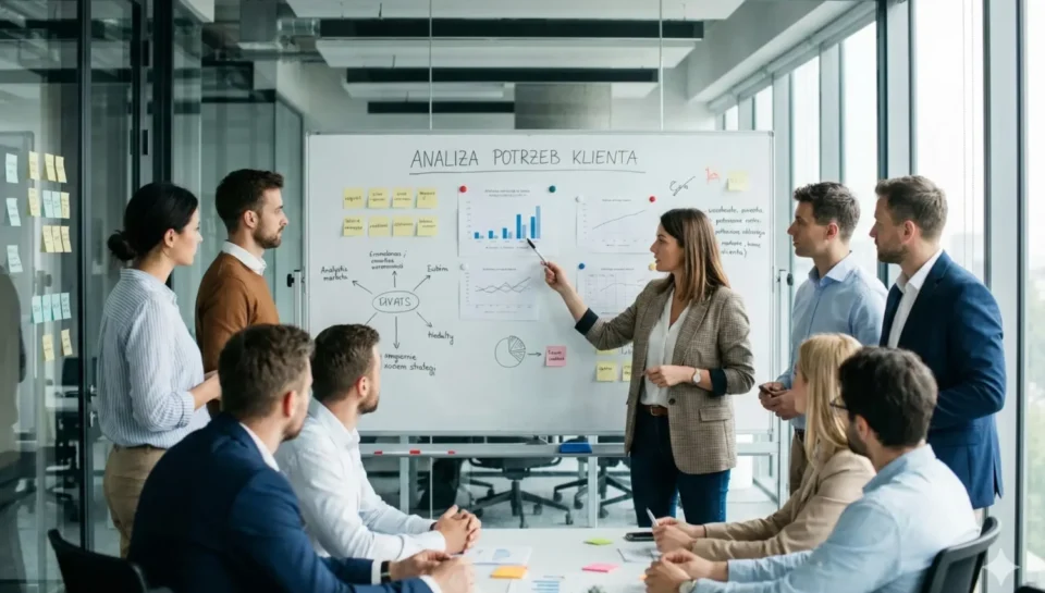 Spotkanie biznesowe w nowoczesnym biurze przy tablicy z napisem Analiza Potrzeb Klienta