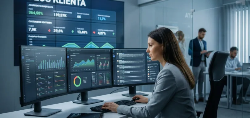 Analityczka w nowoczesnym biurze analizuje dane na wielu monitorach, w tle widoczny duży ekran z napisem Głos Klienta, co obrazuje strategię voice of customer.