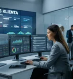 Analityczka w nowoczesnym biurze analizuje dane na wielu monitorach, w tle widoczny duży ekran z napisem Głos Klienta, co obrazuje strategię voice of customer.