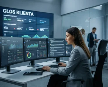 Analityczka w nowoczesnym biurze analizuje dane na wielu monitorach, w tle widoczny duży ekran z napisem Głos Klienta, co obrazuje strategię voice of customer.