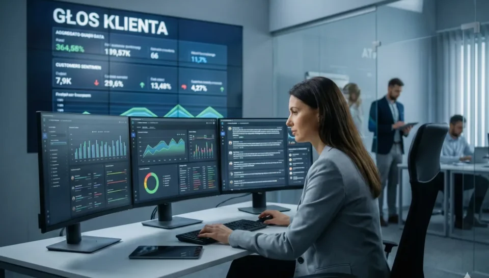 Analityczka w nowoczesnym biurze analizuje dane na wielu monitorach, w tle widoczny duży ekran z napisem Głos Klienta, co obrazuje strategię voice of customer.