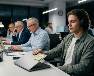 Ilustracja zjawiska quiet quitting w biurze: młody pracownik spokojnie zamyka laptopa z kartką 'Koniec pracy', podczas gdy jego starsi koledzy w tle nadal pracują w stresie.