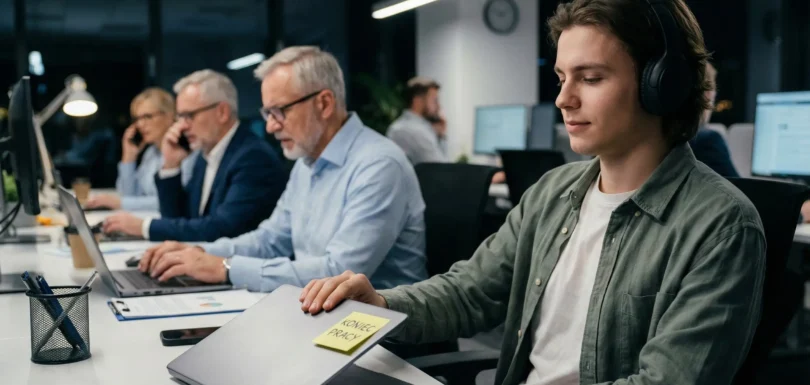 Quiet Quitting – czy ciche odchodzenie da się wykryć w badaniach zaangażowania pracownika? 3 Ilustracja zjawiska quiet quitting w biurze: młody pracownik spokojnie zamyka laptopa z kartką 'Koniec pracy', podczas gdy jego starsi koledzy w tle nadal pracują w stresie.