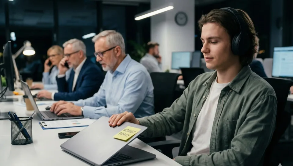 Ilustracja zjawiska quiet quitting w biurze: młody pracownik spokojnie zamyka laptopa z kartką 'Koniec pracy', podczas gdy jego starsi koledzy w tle nadal pracują w stresie.