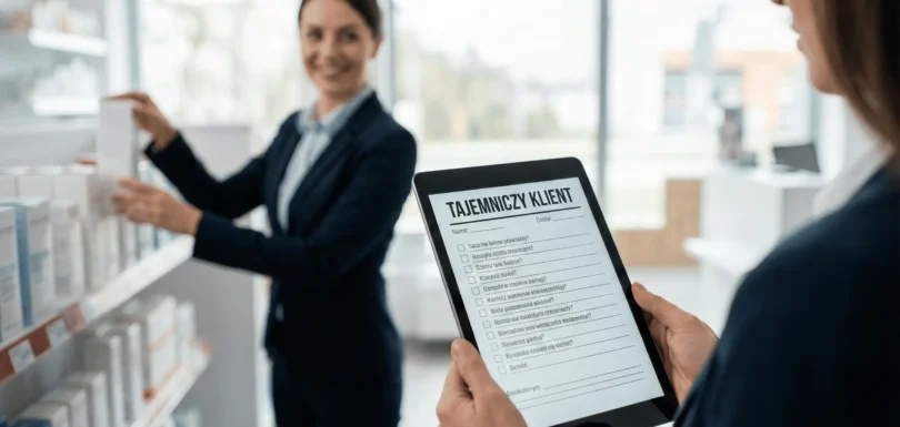 Widok z perspektywy audytora trzymającego tablet z cyfrowym formularzem "Tajemniczy klient" podczas realizacji badania mystery shopping w sklepie.