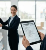 Widok z perspektywy audytora trzymającego tablet z cyfrowym formularzem "Tajemniczy klient" podczas realizacji badania mystery shopping w sklepie.