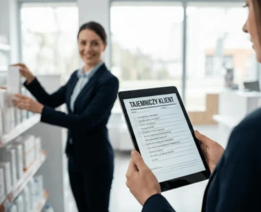 Widok z perspektywy audytora trzymającego tablet z cyfrowym formularzem "Tajemniczy klient" podczas realizacji badania mystery shopping w sklepie.