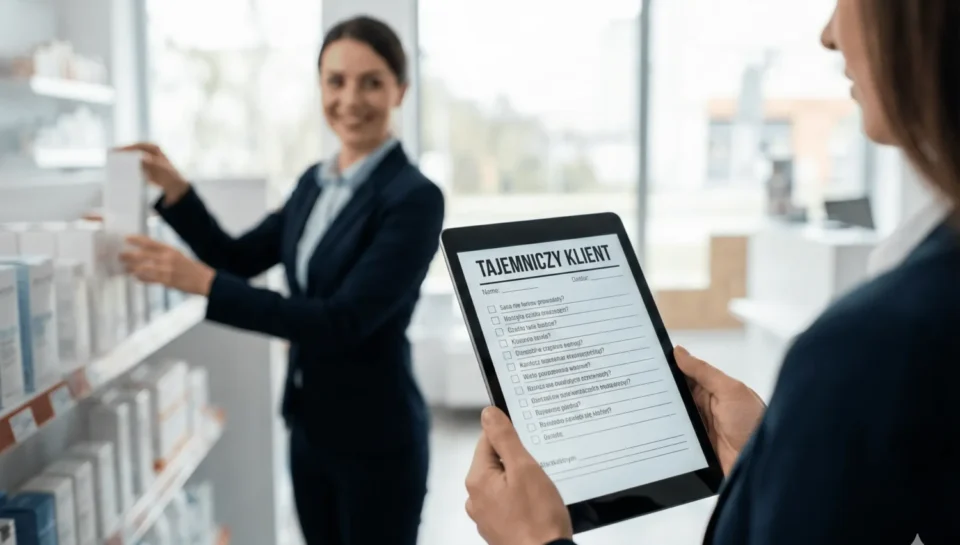 Widok z perspektywy audytora trzymającego tablet z cyfrowym formularzem "Tajemniczy klient" podczas realizacji badania mystery shopping w sklepie.