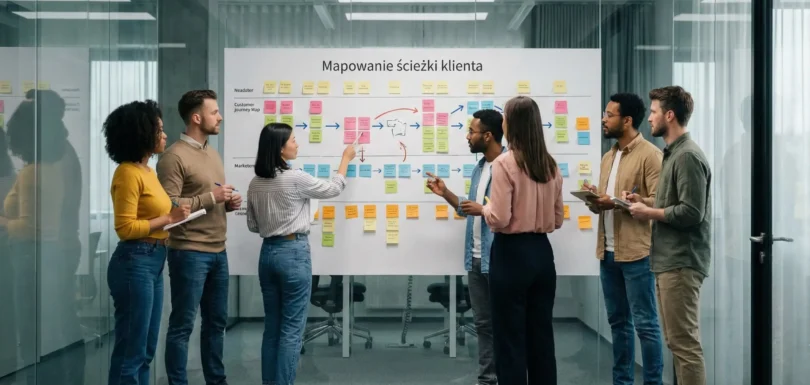 Zespół specjalistów w nowoczesnej, przeszklonej sali konferencyjnej współpracuje przy białej tablicy, omawiając diagram customer journey map (mapowanie ścieżki klienta) stworzony z kolorowych karteczek samoprzylepnych.