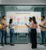 Zespół specjalistów w nowoczesnej, przeszklonej sali konferencyjnej współpracuje przy białej tablicy, omawiając diagram customer journey map (mapowanie ścieżki klienta) stworzony z kolorowych karteczek samoprzylepnych.