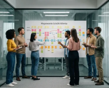 Zespół specjalistów w nowoczesnej, przeszklonej sali konferencyjnej współpracuje przy białej tablicy, omawiając diagram customer journey map (mapowanie ścieżki klienta) stworzony z kolorowych karteczek samoprzylepnych.