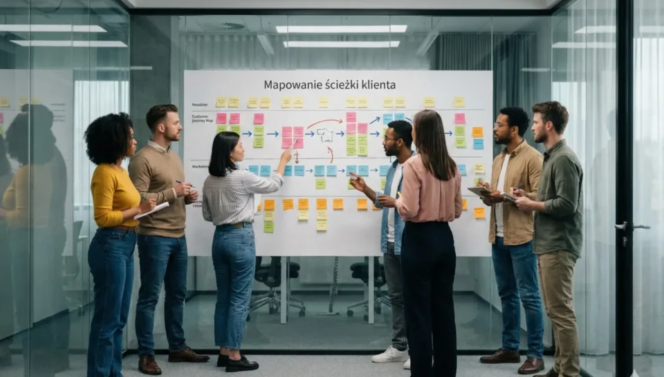 Zespół specjalistów w nowoczesnej, przeszklonej sali konferencyjnej współpracuje przy białej tablicy, omawiając diagram customer journey map (mapowanie ścieżki klienta) stworzony z kolorowych karteczek samoprzylepnych.