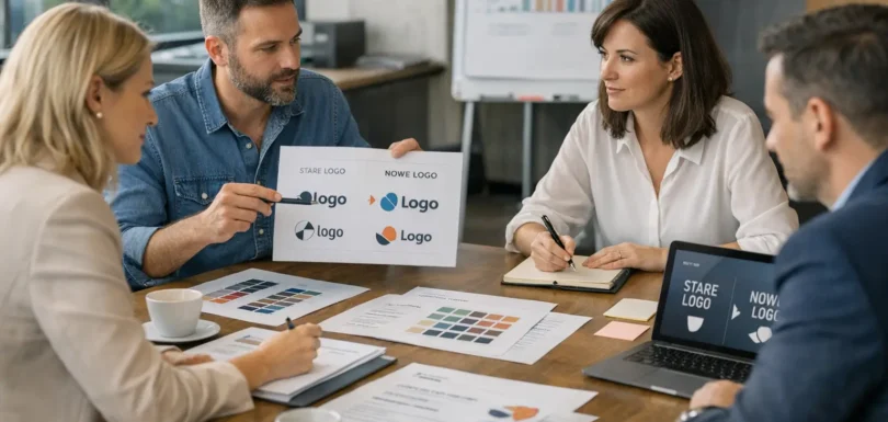 Zespół specjalistów analizujący proces rebrandingu marki podczas warsztatu strategicznego w nowoczesnym biurze | Openfield