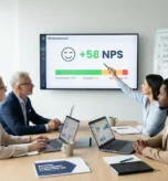Zespół biznesowy analizuje na ekranie wskaźnik net promoter score wynoszący +58 oraz plan działań na tablicy | Openfield