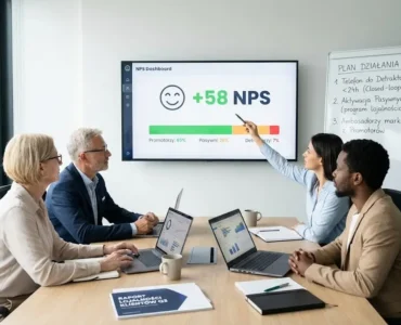 Zespół biznesowy analizuje na ekranie wskaźnik net promoter score wynoszący +58 oraz plan działań na tablicy | Openfield
