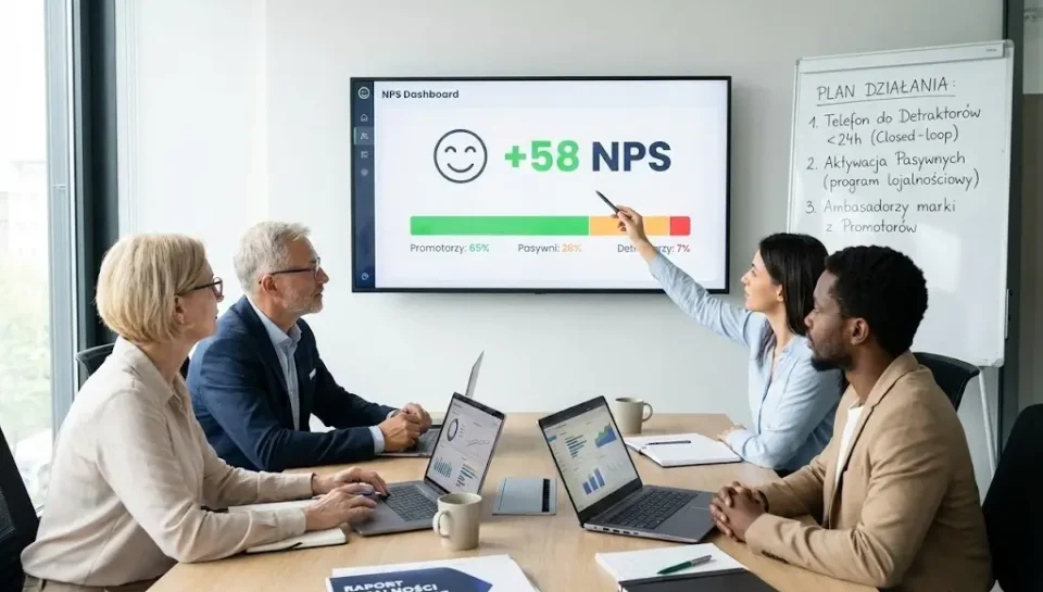Zespół biznesowy analizuje na ekranie wskaźnik net promoter score wynoszący +58 oraz plan działań na tablicy | Openfield