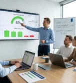 Zespół w sali konferencyjnej analizuje na ekranie pulpit nawigacyjny z wynikiem 82% dla wskaźnika CSAT | Openfield