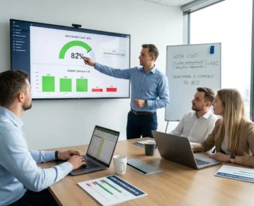 Zespół w sali konferencyjnej analizuje na ekranie pulpit nawigacyjny z wynikiem 82% dla wskaźnika CSAT | Openfield