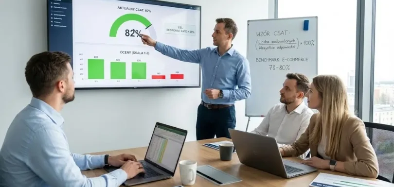 Zespół w sali konferencyjnej analizuje na ekranie pulpit nawigacyjny z wynikiem 82% dla wskaźnika CSAT | Openfield