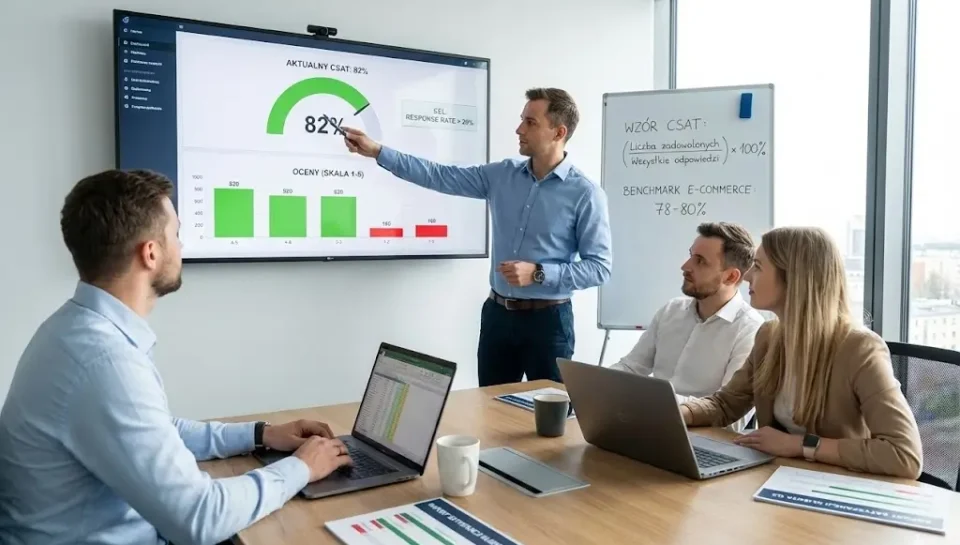 Zespół w sali konferencyjnej analizuje na ekranie pulpit nawigacyjny z wynikiem 82% dla wskaźnika CSAT | Openfield