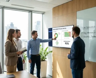 Zespół HR analizuje na ekranie wyniki ankiety pulsacyjnej i wskaźnik eNPS, omawiając strategię employee experience w nowoczesnym biurze | Openfield