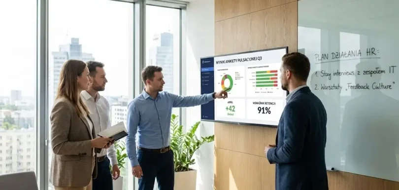 Zespół HR analizuje na ekranie wyniki ankiety pulsacyjnej i wskaźnik eNPS, omawiając strategię employee experience w nowoczesnym biurze | Openfield