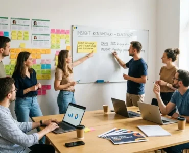 Grupa profesjonalistów podczas warsztatu analizuje na tablicy insight konsumencki dotyczący zakupów ekologicznych, korzystając z notatek i raportów z badań jakościowych | Openfield