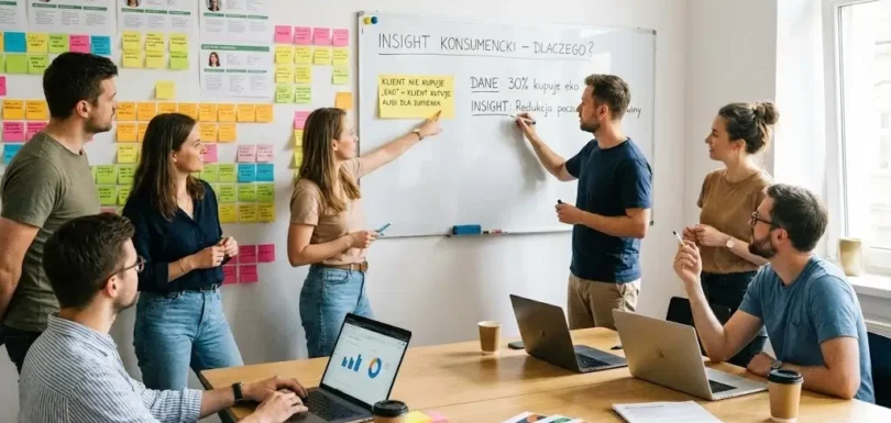 Grupa profesjonalistów podczas warsztatu analizuje na tablicy insight konsumencki dotyczący zakupów ekologicznych, korzystając z notatek i raportów z badań jakościowych | Openfield