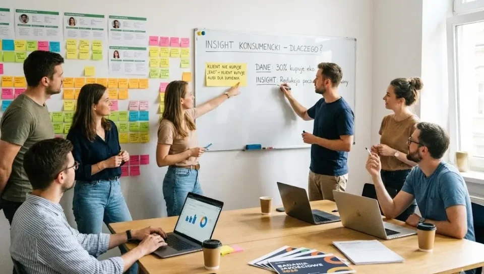 Grupa profesjonalistów podczas warsztatu analizuje na tablicy insight konsumencki dotyczący zakupów ekologicznych, korzystając z notatek i raportów z badań jakościowych | Openfield