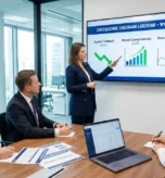 Kobieta w sali konferencyjnej prezentuje na ekranie wyniki za 2023 rok dotyczące obszaru zarządzanie zasobami ludzkimi, w tym spadek fluktuacji, wzrost zaangażowania i oszczędności finansowe | Openfield