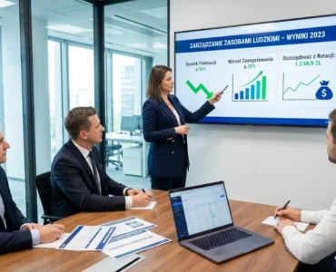 Kobieta w sali konferencyjnej prezentuje na ekranie wyniki za 2023 rok dotyczące obszaru zarządzanie zasobami ludzkimi, w tym spadek fluktuacji, wzrost zaangażowania i oszczędności finansowe | Openfield