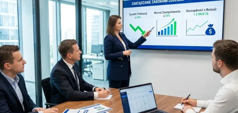 Kobieta w sali konferencyjnej prezentuje na ekranie wyniki za 2023 rok dotyczące obszaru zarządzanie zasobami ludzkimi, w tym spadek fluktuacji, wzrost zaangażowania i oszczędności finansowe | Openfield