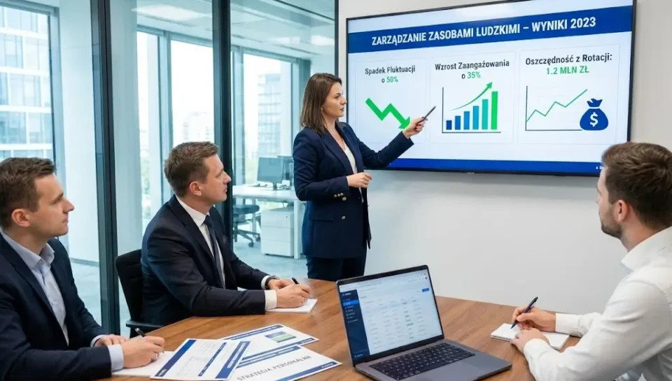 Kobieta w sali konferencyjnej prezentuje na ekranie wyniki za 2023 rok dotyczące obszaru zarządzanie zasobami ludzkimi, w tym spadek fluktuacji, wzrost zaangażowania i oszczędności finansowe | Openfield