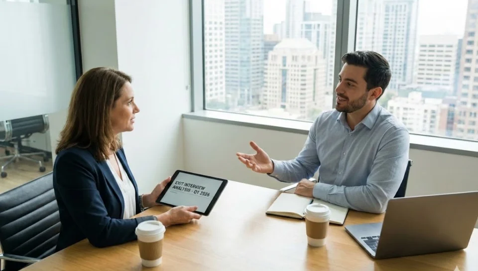 Profesjonalna rozmowa exit interview w nowoczesnym biurze