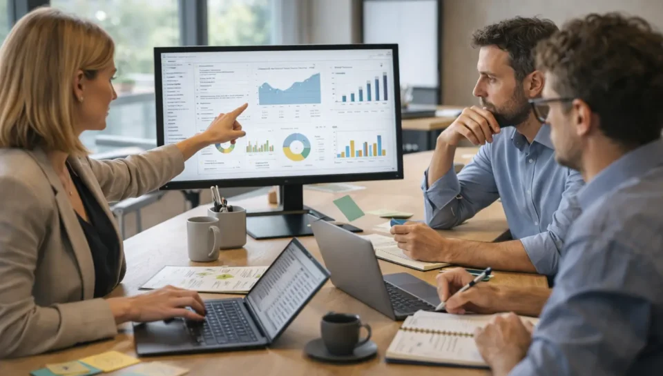 Zespół pracowników analizuje wykresy i dane na monitorze podczas spotkania w biurze. Ilustruje to temat people analytics.