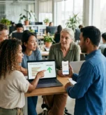 Zróżnicowany zespół współpracowników w nowoczesnym biurze omawia trendy zaangażowania widoczne na laptopie i przegląda mobilną ankietę typu pulse check na smartfonie.