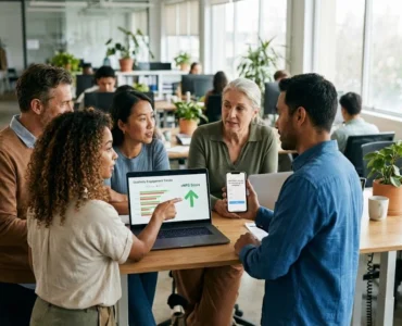 Zróżnicowany zespół współpracowników w nowoczesnym biurze omawia trendy zaangażowania widoczne na laptopie i przegląda mobilną ankietę typu pulse check na smartfonie.