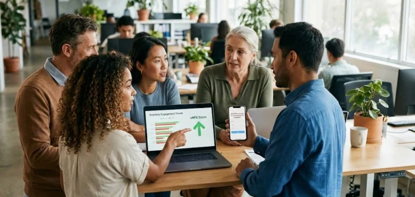 Pulse check - jak badania pulsacyjne sprawdzą się do mierzenia zaangażowania pracowników? 1 Zróżnicowany zespół współpracowników w nowoczesnym biurze omawia trendy zaangażowania widoczne na laptopie i przegląda mobilną ankietę typu pulse check na smartfonie.