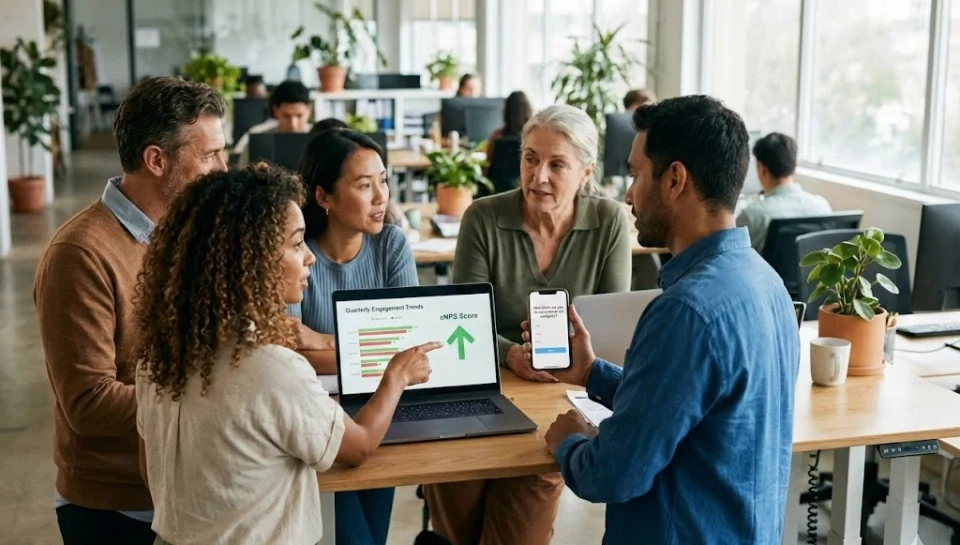 Zróżnicowany zespół współpracowników w nowoczesnym biurze omawia trendy zaangażowania widoczne na laptopie i przegląda mobilną ankietę typu pulse check na smartfonie.