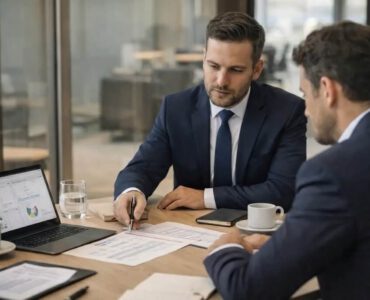 Grafika przedstawia metodę tajemniczego klienta w branży B2B - dwoje mężczyzn w garniturach siedzą i analizują dokumenty