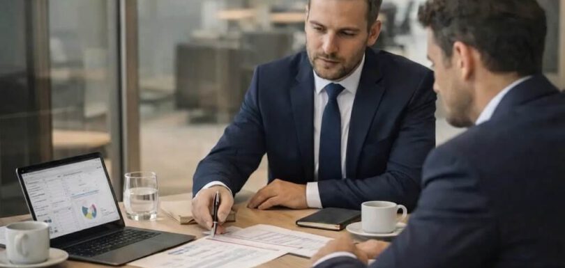 Tajemniczy klient - kim jest i jak sprawdzić standardy obsługi w firmie? 5 Grafika przedstawia metodę tajemniczego klienta w branży B2B - dwoje mężczyzn w garniturach siedzą i analizują dokumenty