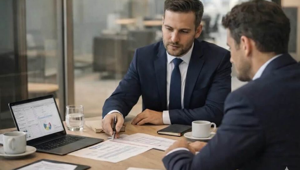 Grafika przedstawia metodę tajemniczego klienta w branży B2B - dwoje mężczyzn w garniturach siedzą i analizują dokumenty