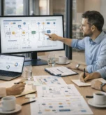 Zespół pracowników omawia rozbudowany schemat procesów na dużym monitorze podczas spotkania w biurze: Touchpoints - punkty styku marki.