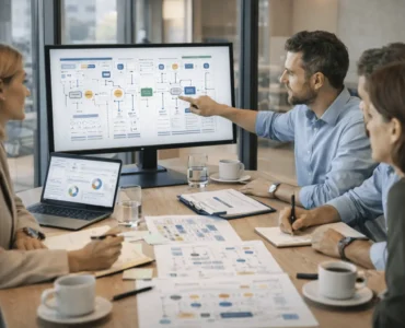 Zespół pracowników omawia rozbudowany schemat procesów na dużym monitorze podczas spotkania w biurze: Touchpoints - punkty styku marki.